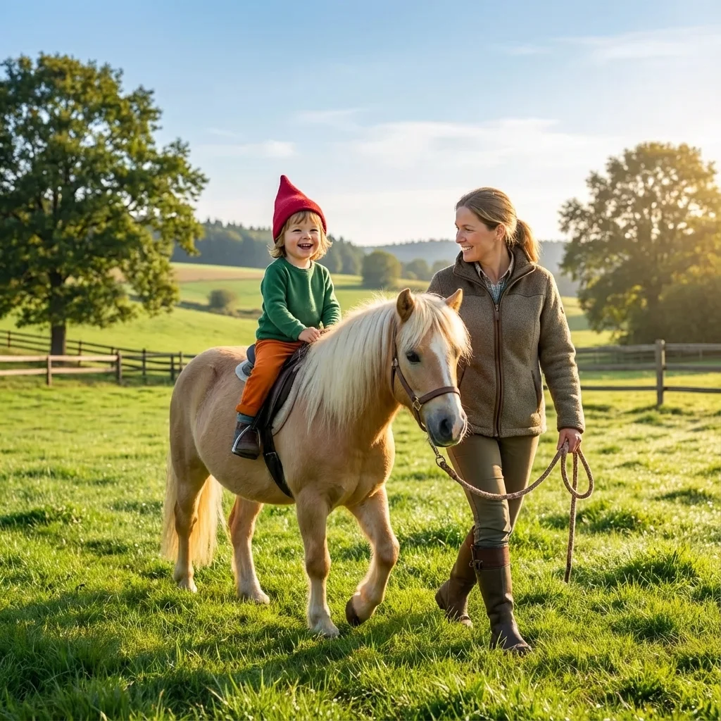Kind erlebt einen ruhigen ersten Ponykontakt am Hof.