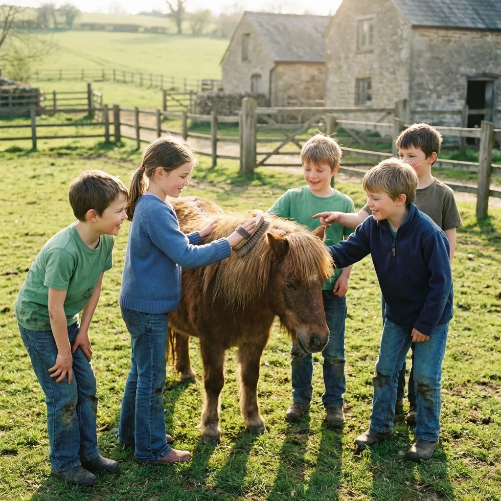 Viel Spaß bei den Ferienkursen - Kinder striegeln gemeinsam ein Pony auf der Weide