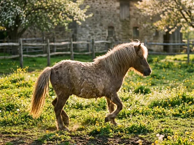 Kind bereitet im Fruehjahr ein Pony auf dem Hof vor