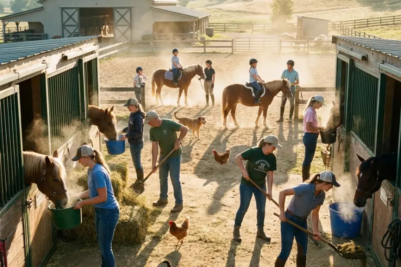 Verschiedene Szenen vom Ponyhof - Stallarbeit, Kinder beim Ponyreiten, Fütterung am Morgen.