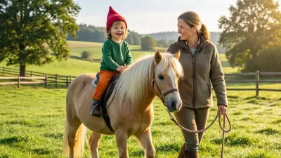 Kind auf einem Pony, Mutter führt es über eine Wiese