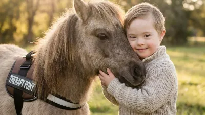Kind im Rollstuhl wird von einem Trainer beim Führen eines Ponys unterstützt, beide lächeln
