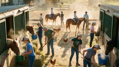 Verschiedene Szenen vom Ponyhof - Stallarbeit, Kinder beim Ponyreiten, Fütterung am Morgen.