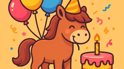 Kinder halten Ponys an der Hand, Luftballons im Hintergrund