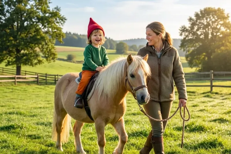 Eltern mit Kind am Zaun beim Pony