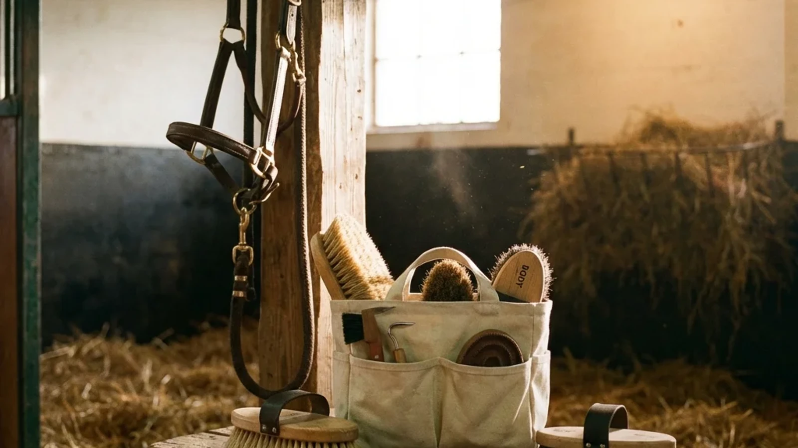 Kind pflegt ein Pony im trockenen Stall.