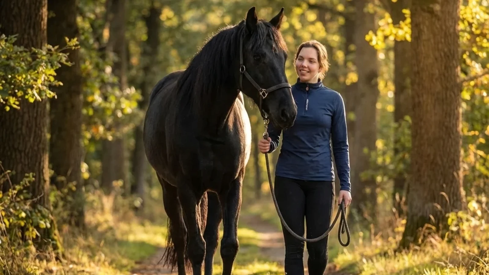 Eine Reittherapeutin und ein Therapiepferd gehen gemeinsam einen friedlichen Waldweg entlang.