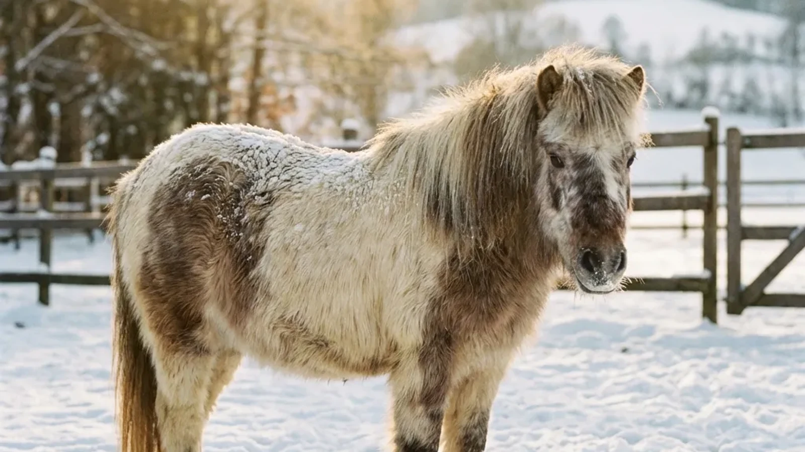 Pony im verschneiten Paddock.